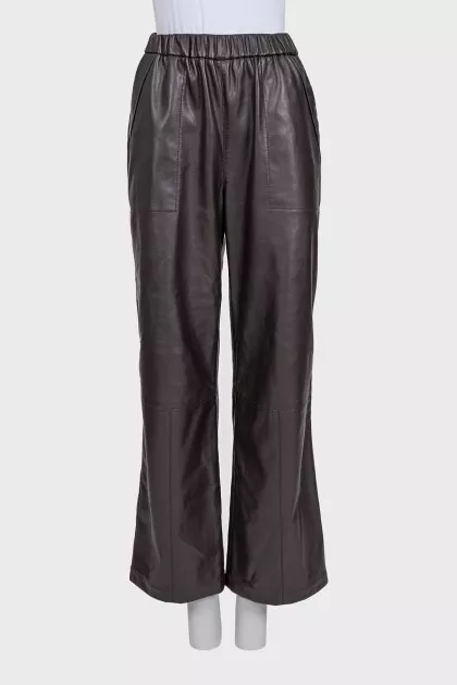 Brown leather straight-leg trousers