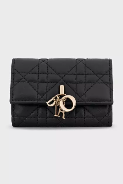 Black leather wallet with logo charms