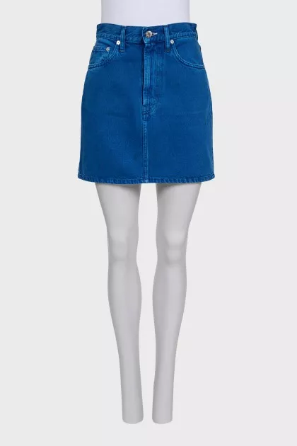Blue distressed denim mini skirt