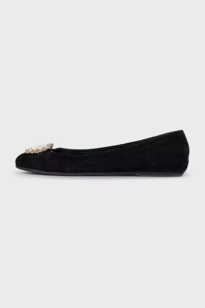 Black suede ballet flats with decoration