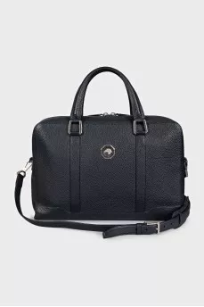 Men's blue leather briefcase with silver hardware