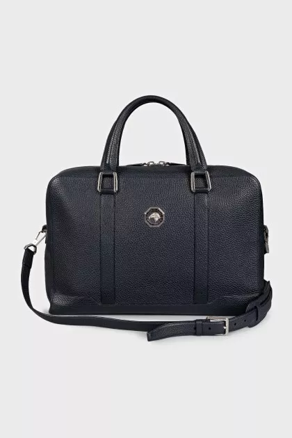 Men's blue leather briefcase with silver hardware