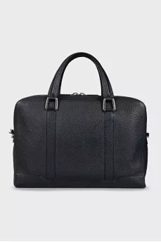 Men's blue leather briefcase with silver hardware