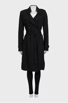 Black trench coat with contrasting inserts and belt