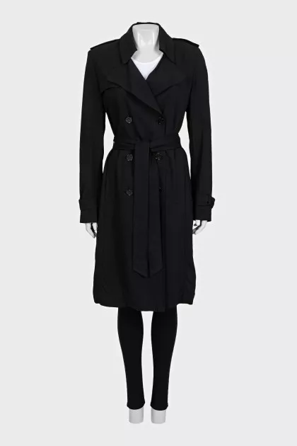 Black trench coat with contrasting inserts and belt