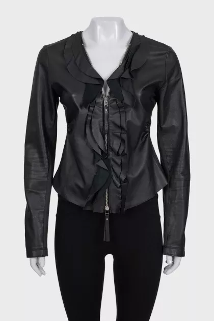Black leather jacket with ruffles