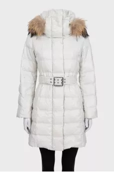Gray fitted down jacket with belt