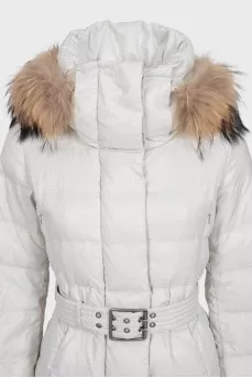 Gray fitted down jacket with belt