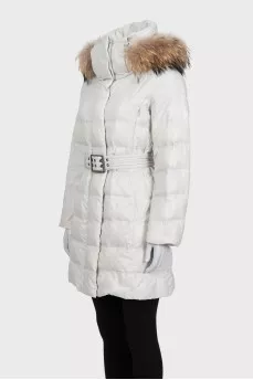 Gray fitted down jacket with belt