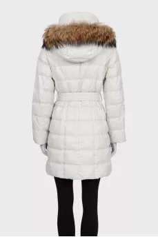 Gray fitted down jacket with belt