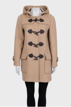 Beige wool coat with a hood