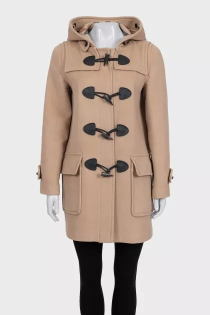 Beige wool coat with a hood