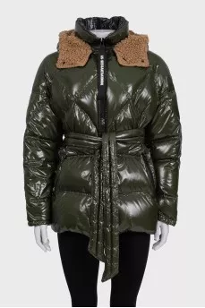 Green down jacket with a detachable hood