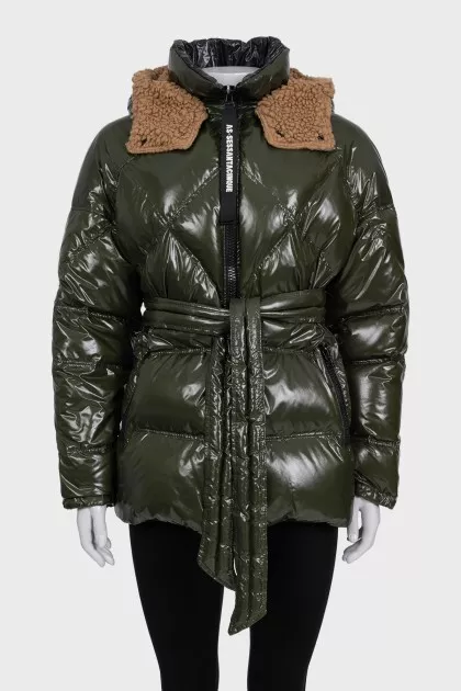Green down jacket with a detachable hood