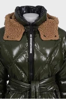 Green down jacket with a detachable hood
