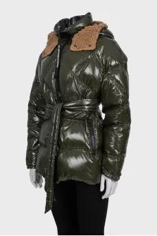 Green down jacket with a detachable hood