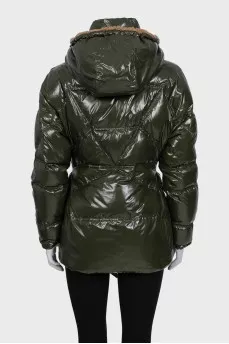 Green down jacket with a detachable hood