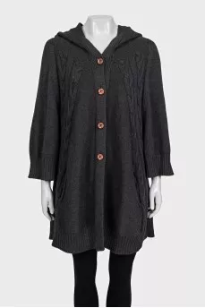 Gray wool cardigan with a hood