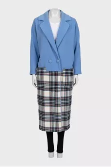 Wool coat with a light blue top and a checkered bottom