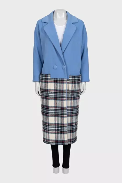 Wool coat with a light blue top and a checkered bottom