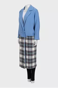 Wool coat with a light blue top and a checkered bottom