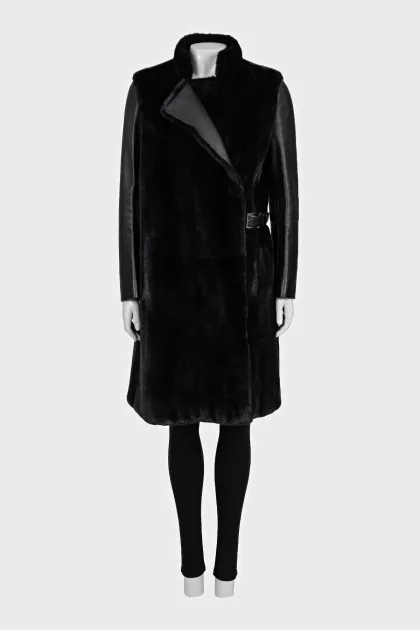 Black mink coat with leather sleeves