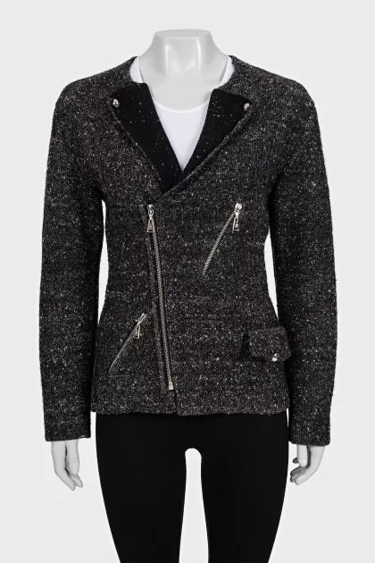 Tweed jacket with diagonal fastening