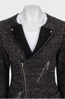 Tweed jacket with diagonal fastening