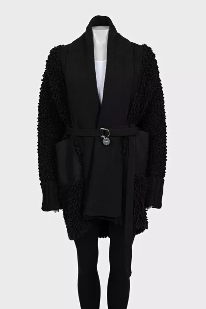 Long black cardigan with a belt