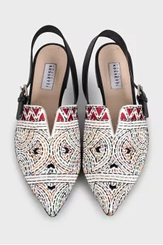 White slingbacks with multi-colored embroidery