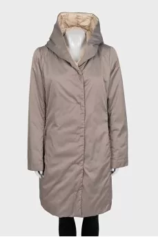 Beige straight-cut coat with a hood
