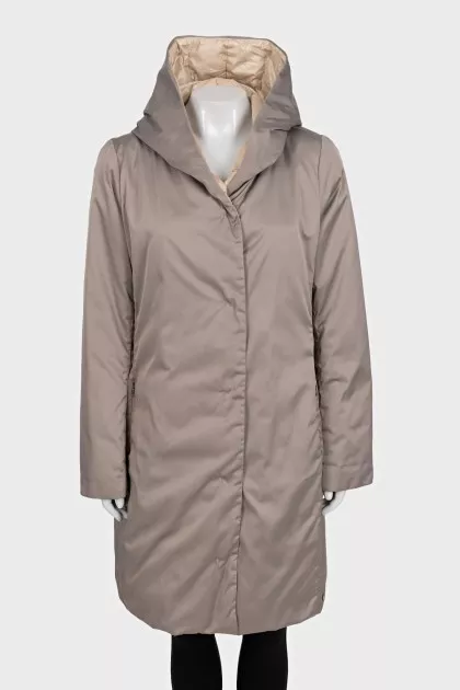 Beige straight-cut coat with a hood