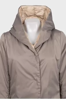Beige straight-cut coat with a hood