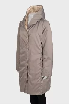 Beige straight-cut coat with a hood