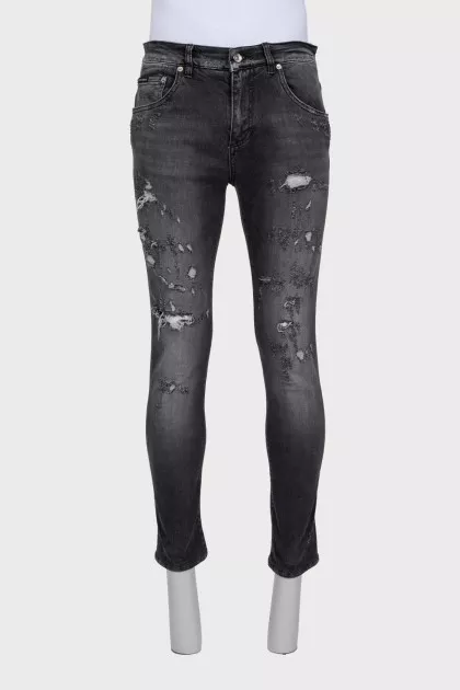 Dark gray slim fit jeans with a distressed effect