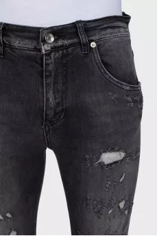 Dark gray slim fit jeans with a distressed effect