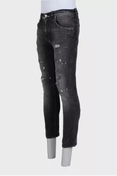 Dark gray slim fit jeans with a distressed effect