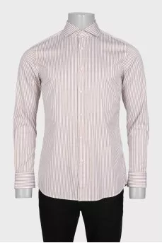 Men's white slim fit shirt with brown stripes