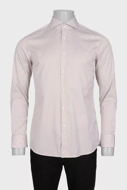 Men's white slim fit shirt with brown stripes