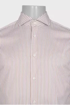 Men's white slim fit shirt with brown stripes