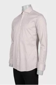 Men's white slim fit shirt with brown stripes