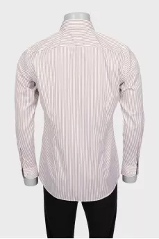 Men's white slim fit shirt with brown stripes