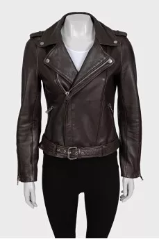 Brown leather biker jacket with a belt