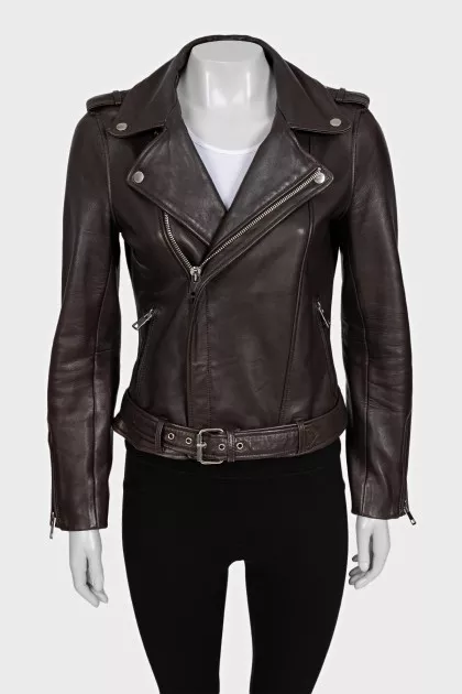 Brown leather biker jacket with a belt