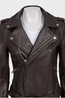 Brown leather biker jacket with a belt
