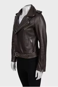 Brown leather biker jacket with a belt