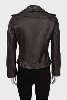 Brown leather biker jacket with a belt