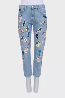 Light blue straight jeans with bright stripes