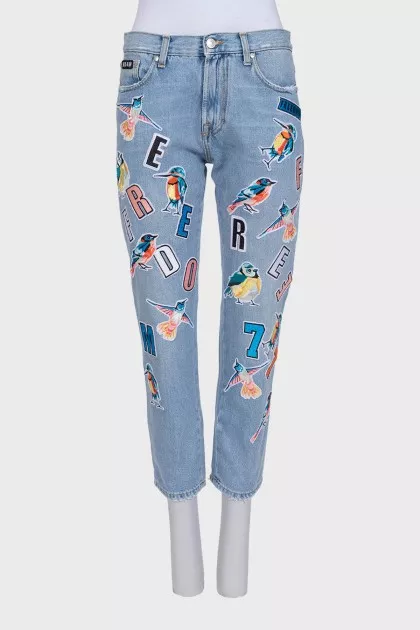 Light blue straight jeans with bright stripes