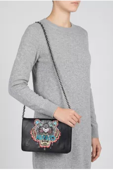Black leather bag with signature embroidery